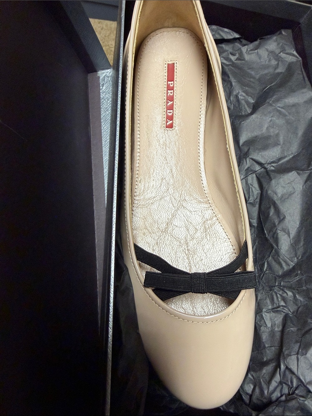 Prada Nude Leather Ballet Flat with Black Bow Accent